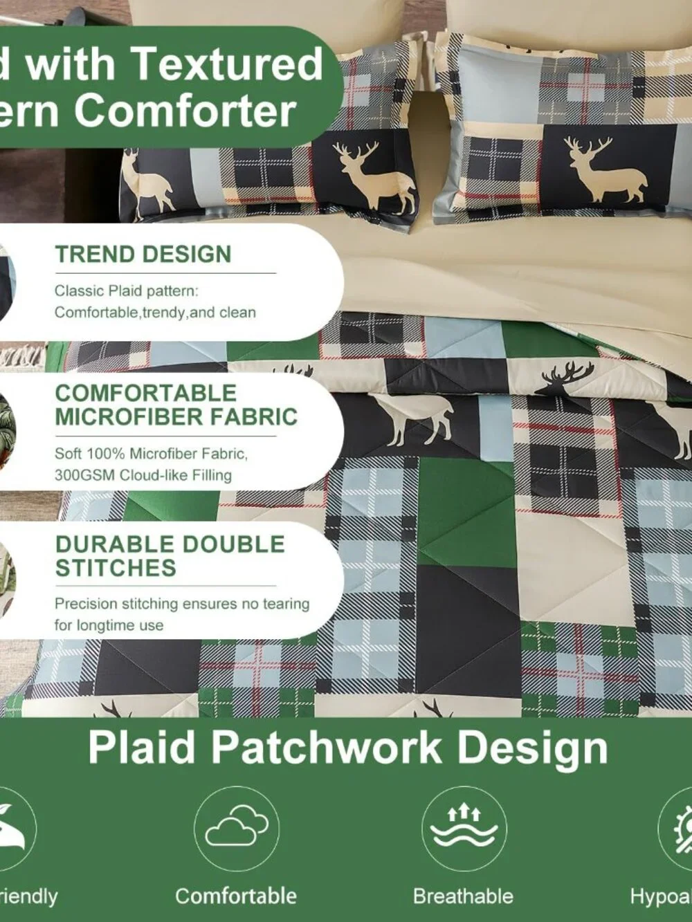 Rustic Green Plaid Patchwork 7-Pc Comforter Set | Queen King Bed In A Bag